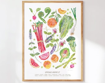 Spring Harvest Watercolor Art Print: Seasonal Fruits & Vegetables