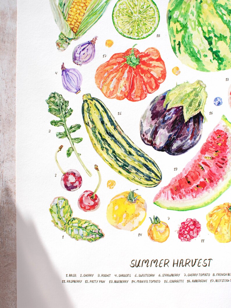 A close up of the Summer harvest fruit and vegetable print on a sunlit wooden table. Highlighting the 200g paper texture, and details of the watercolour illustrations, including basil, shallots, cherries, tomatoes, watermelon, aubergine and lime.