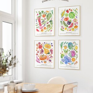 The text reads Visit my shop to find illustrated guides to the other seasons across a photo of four watercolour prints, displaying fruit and veg thats in season in Spring, Summer, Autumn and Winter hung in a bright dining room or kitchen interior.