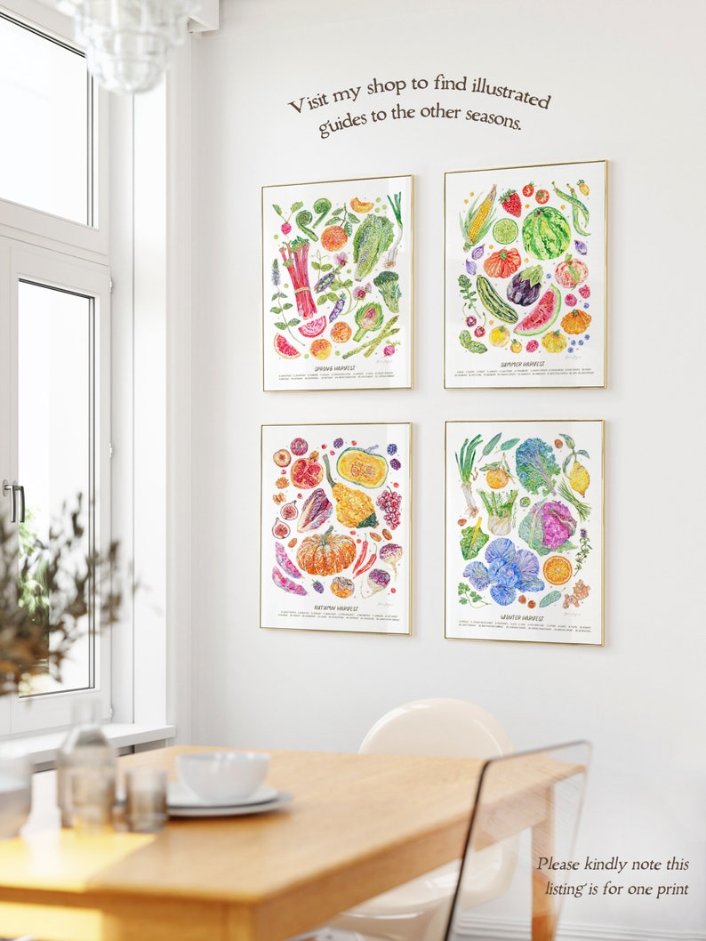 The text reads Visit my shop to find illustrated guides to the other seasons across a photo of four watercolour prints, displaying fruit and veg thats in season in Spring, Summer, Autumn and Winter hung in a bright dining room or kitchen interior.