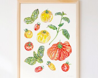 May include: A framed watercolor painting of tomatoes and basil. The painting features yellow and red tomatoes, as well as green basil leaves.