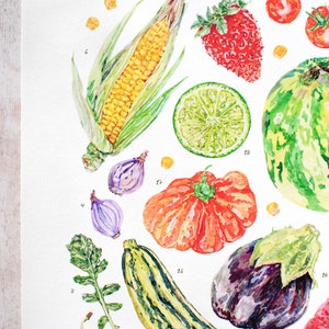 A close up of the Summer harvest fruit and vegetable print showing details of the watercolour illustrations, including sweetcorn, shallots, arugula, strawberries, cherry tomatoes, beefsteak tomato, courgette and aubergine.