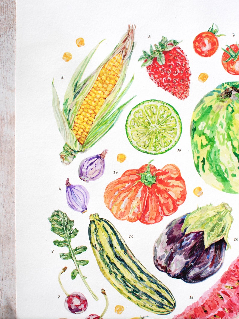 A close up of the Summer harvest fruit and vegetable print showing details of the watercolour illustrations, including sweetcorn, shallots, arugula, strawberries, cherry tomatoes, beefsteak tomato, courgette and aubergine.