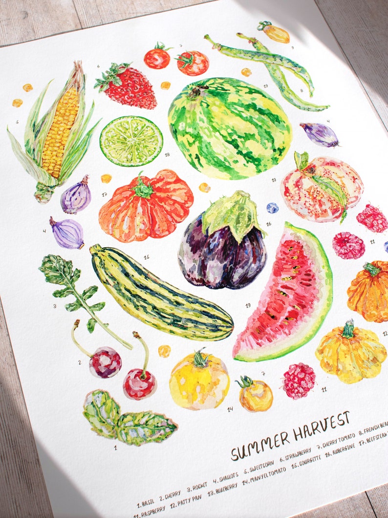 A close up of the Summer harvest fruit and vegetable print on a sunlit wooden table. Highlighting the 200g paper texture, and details of the watercolour illustrations, including basil herb, cherries, tomatoes, watermelon, zucchini, eggplant and lime.