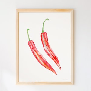 Red Chilli Peppers Watercolor Print: Spicy Kitchen Art