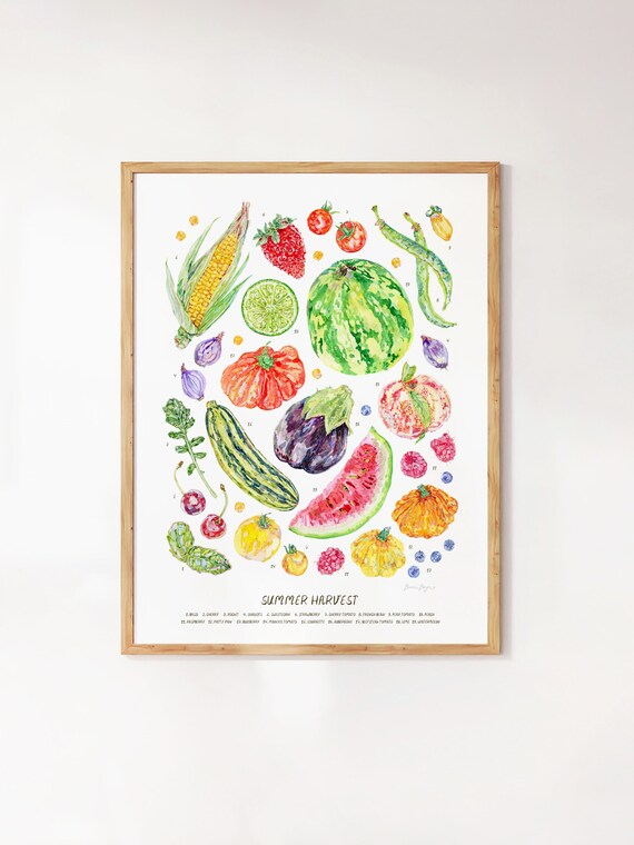 Summer Harvest Watercolor Art Print: Seasonal Fruits & Vegetables