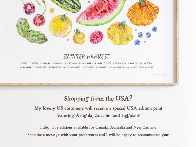 The text reads - Shopping from the USA?
My lovely US customers will receive a special USA edition print featuring Arugula, Zucchini and Eggplant! 

I also have editions available for Canada, Australia and New Zealand.