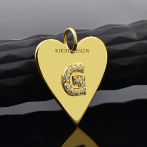 Yellow gold plated heart charm, diamond letter heart charm,  A to Z letter diamond charm jewelry