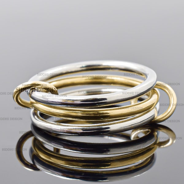 14K solid yellow gold 2 multi-band ring, plain silver connector link band ring jewelry