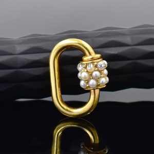 14K yellow gold carabiner lock, Pearl oval carabiner lock, woman jewelry connector lock