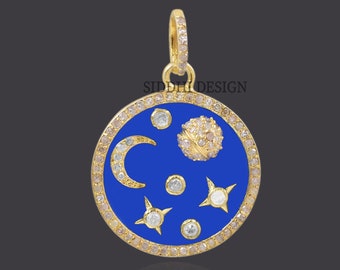 14k yellow gold plated pendant, diamond star & moon pendant, blue enamel diamond pendant jewelry