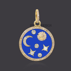 Yellow gold plated pendant, diamond star & moon pendant, blue enamel diamond pendant jewelry