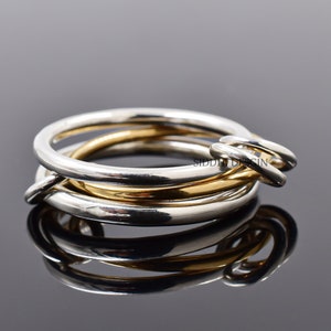 14k yellow gold middle band ring, 3 multi jump connector band ring, plain link band ring, woman silver 3 set band ring jewelry