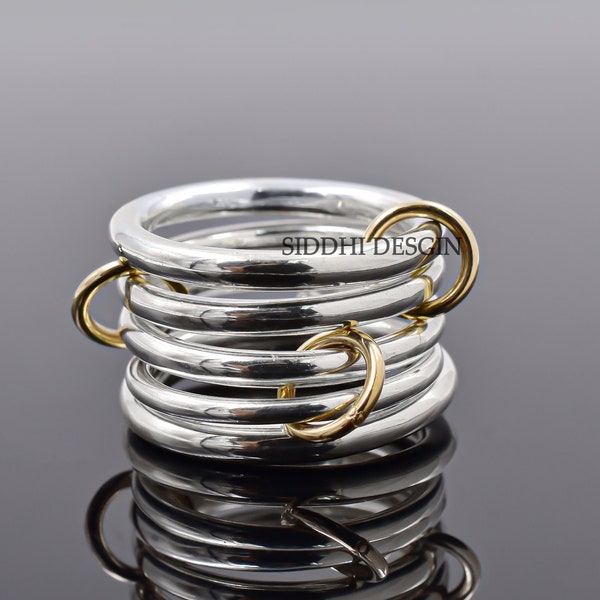 14k yellow gold jumps & 925 silver band ring, multi jump connector band ring, plain link band ring, woman 5 set band ring jewelry