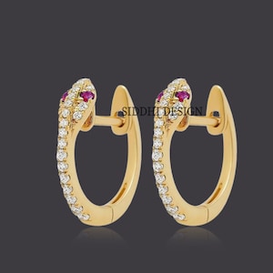 14k yellow gold snake earring, diamond & ruby snake hoop earring, woman designer hoop earring jewelry