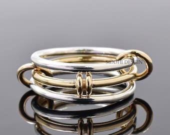 14K solid yellow gold and silver multi band ring, plain silver connector link band ring, plain link band ring jewelry