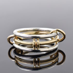 14K solid yellow gold and silver multi band ring, plain silver connector link band ring, plain link band ring jewelry
