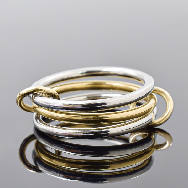 14K solid yellow gold and silver 2 multi band ring, plain silver connector link band ring, plain link band ring jewelry