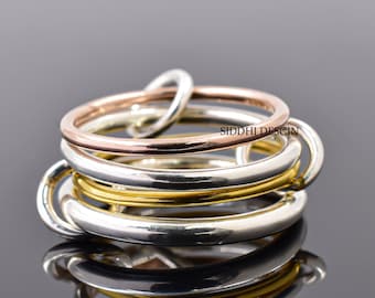 3 jump connector band ring, 14k yellow and rose gold plated band ring, plain link band ring, woman 4 set band ring jewelry