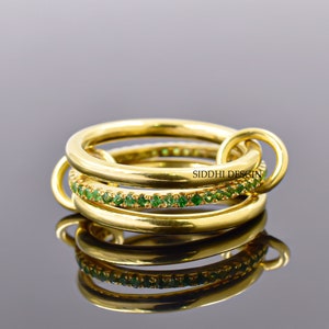 92.5 silver multi connector band ring, Tsavorite and plain link band ring, woman 3 set band ring jewelry