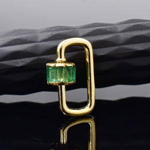 14k yellow gold carabiner lock, emerald baguette carabiner lock, woman jewelry connector lock