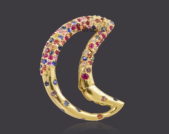 14k yellow gold-plated multi-sapphire moon spring clasp lock, woman's half-moon jewelry connector lock