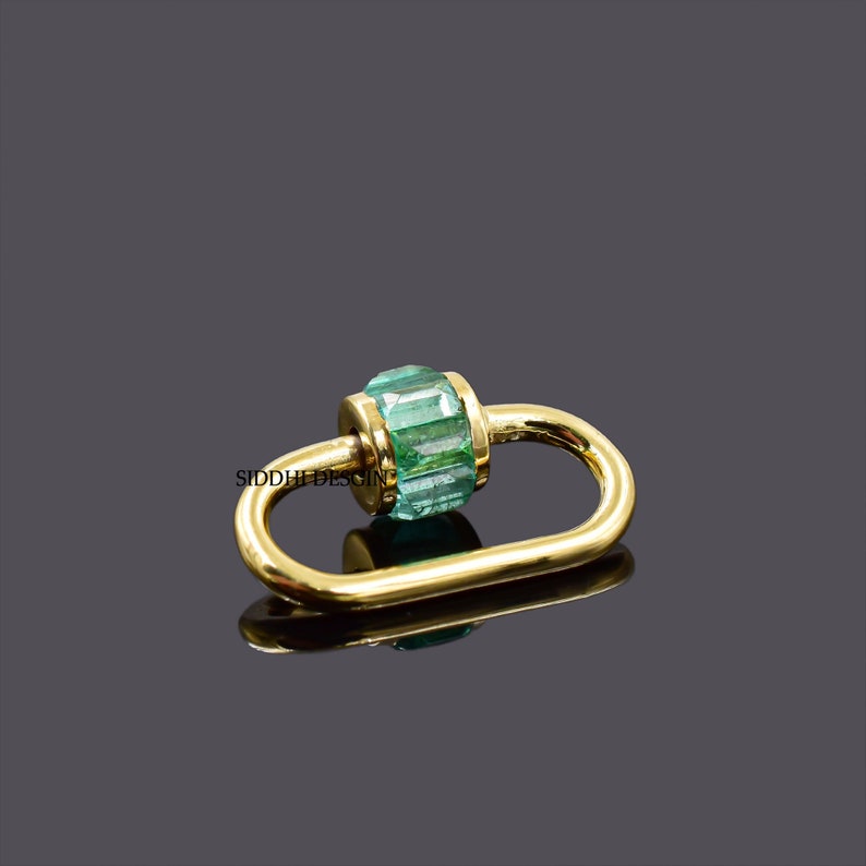 14k yellow gold carabiner lock, emerald baguette carabiner lock, woman jewelry connector lock Emerald