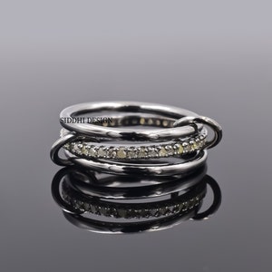 diamond and plain link band ring, 92.5 silver gray plated multi connector band ring, woman 3 set band ring jewelry
