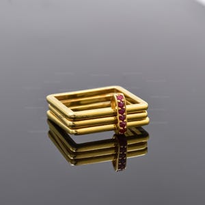 14k yellow gold plated stacking ring, Ruby connector band ring, plain square band ring, woman 3 set band ring jewelry