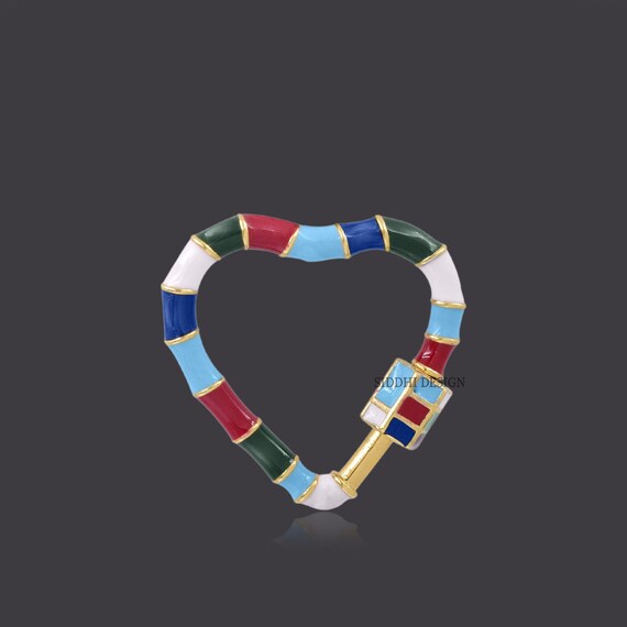 Yellow Gold Plated Heart Carabiner, Multi Enamel Lock, 925 Silver