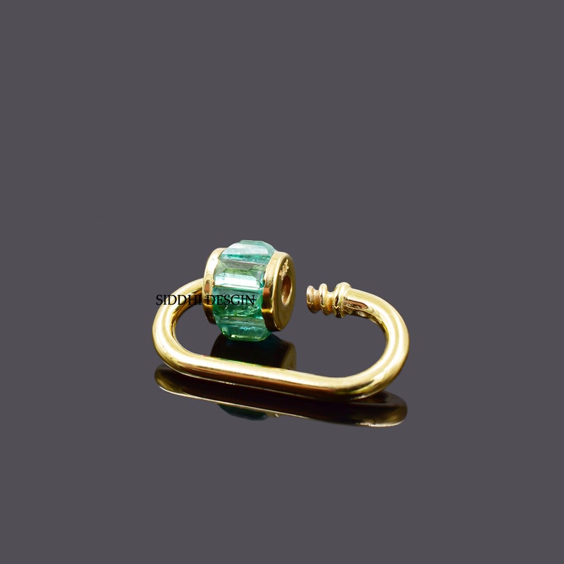 14k yellow gold carabiner lock, emerald baguette carabiner lock, woman jewelry connector lock image 2