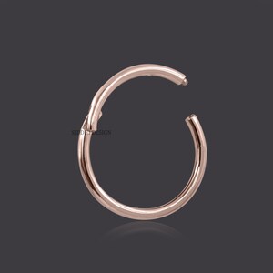May include: A rose gold hoop earring with a seamless, continuous design. The earring is made of metal and has a smooth, polished finish.