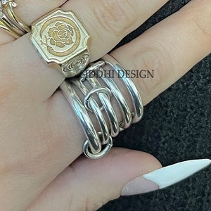 92.5 silver band ring, multi link connector band ring, plain band ring, woman art deco 5 set band ring jewelry