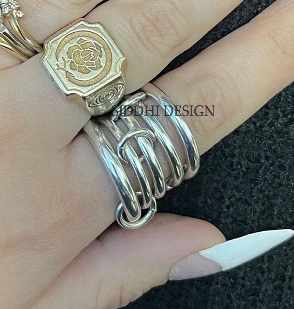 92.5 silver band ring, multi link connector band ring, plain band ring, woman art deco 5 set band ring jewelry