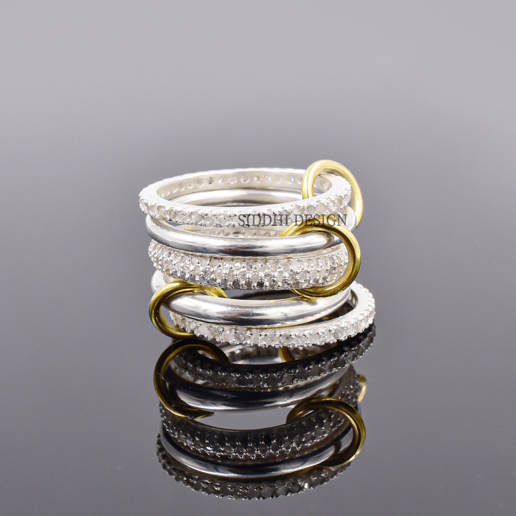 92.5 Silver Diamond and Plain 5 Set Band Ring, Woman's Enter