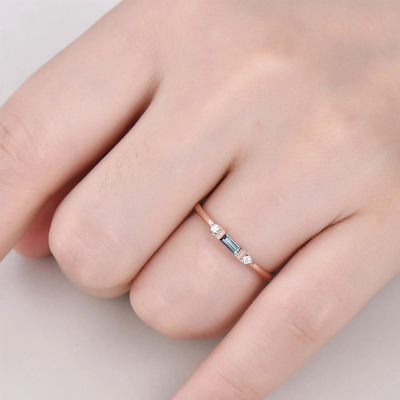 14k rose gold band ring, emerald cut aquamarine baguette band shops ring, woman designer thin wedding gold band ring jewelry