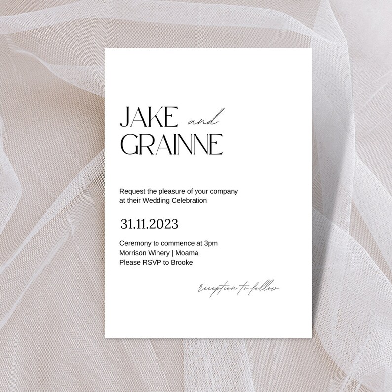 May include: A wedding invitation with a white background and black text. The invitation reads "JAKE and GRAINNE" followed by the date "31.11.2023" and the location "Morrison Winery | Moama".
