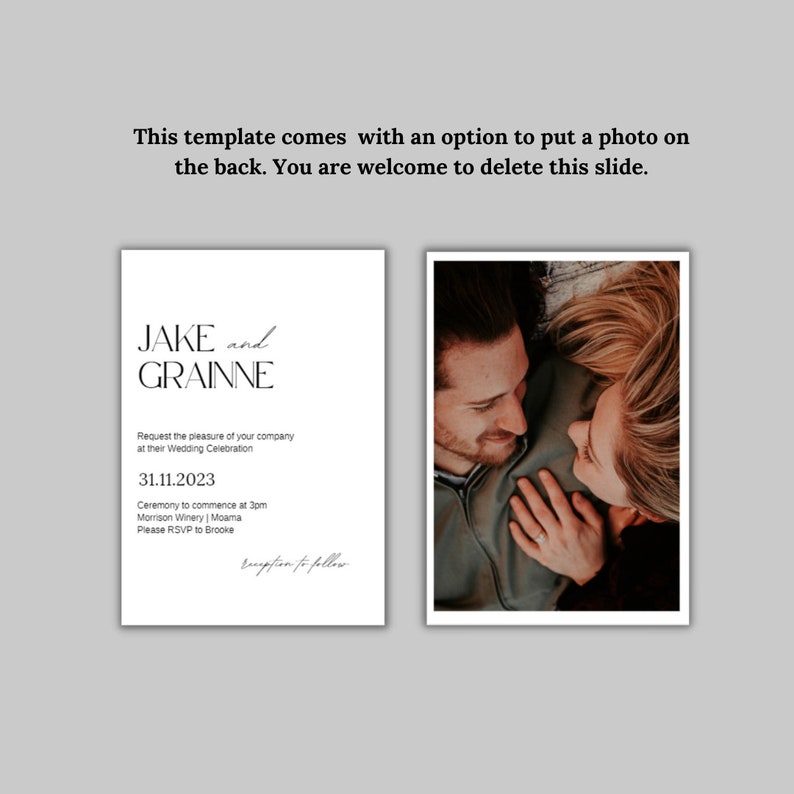 May include: Wedding invitation with a simple design featuring the names Jake and Grainne in a modern font. The invitation includes the date of the wedding, 31.11.2023, and the location of the ceremony, Morrison Winery in Moama.