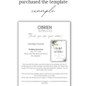 May include: Instructions for a wedding invitation template. The template is 5x7 inches and features a green and white floral design with the text "Daniel and Brooke".
