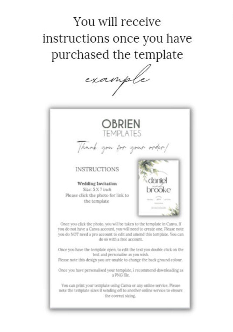 May include: Instructions for a wedding invitation template. The template is 5x7 inches and features a green and white floral design with the text "Daniel and Brooke".