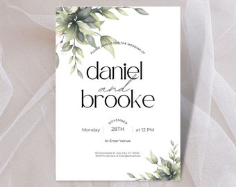Watercolor Leaves & Foliage Wedding Invitation, Wedding Template Download, Editable Wedding Invite, Instant Download | 5"x7"