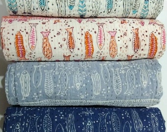Hand Block Printed Fish Kantha Quilt: Boho Reversible Cotton Bedspread