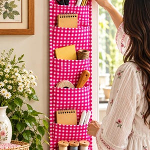 May include: A vertical fabric wall organiser featuring a bright pink and white gingham check pattern with five stacked pockets. The organiser is hung from a wooden peg and contains various craft supplies including scissors, notebooks, and spools.