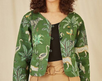 Giacca trapuntata in cotone con stampa a blocchi: cappotto da lavoro Boho Kantha