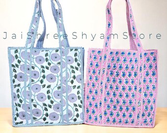 Floral Block Print Quilted Tote Bag: Large Cotton Travel Shopping Bag