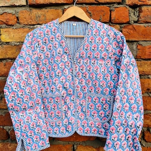 Cotton Women&#39;s Quilted Jacket Block Printed Boho Style Quilted Handmade Jackets, Coat Holidays Gifts Button Closer Jacket for Women Gifts