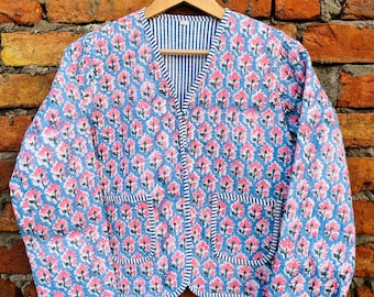 Giacca trapuntata in cotone con stampa a blocchi: cappotto da lavoro Boho Kantha