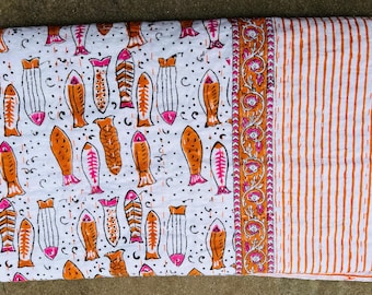 Fish Print Kantha Quilt: Hand Block Printed Reversible Cotton Bedspread