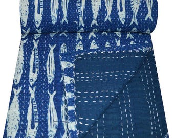 Indian Block Print Cotton Kantha Quilt: Fish Print Boho Bedding