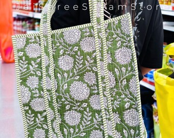 Hand Block Printed Quilted Tote Bag, Large Cotton Floral Shopper